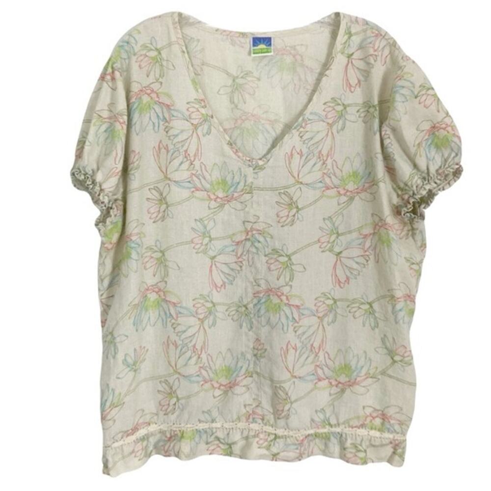NWOT SUNNY SIDE UP Top XL Linen Floral Shirt Cap Sleeve Crochet Trim Multi